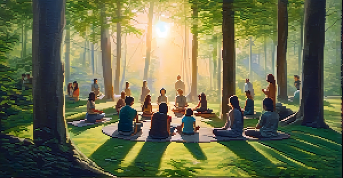 A peaceful forest gathering at sunset with people meditating in a circle.