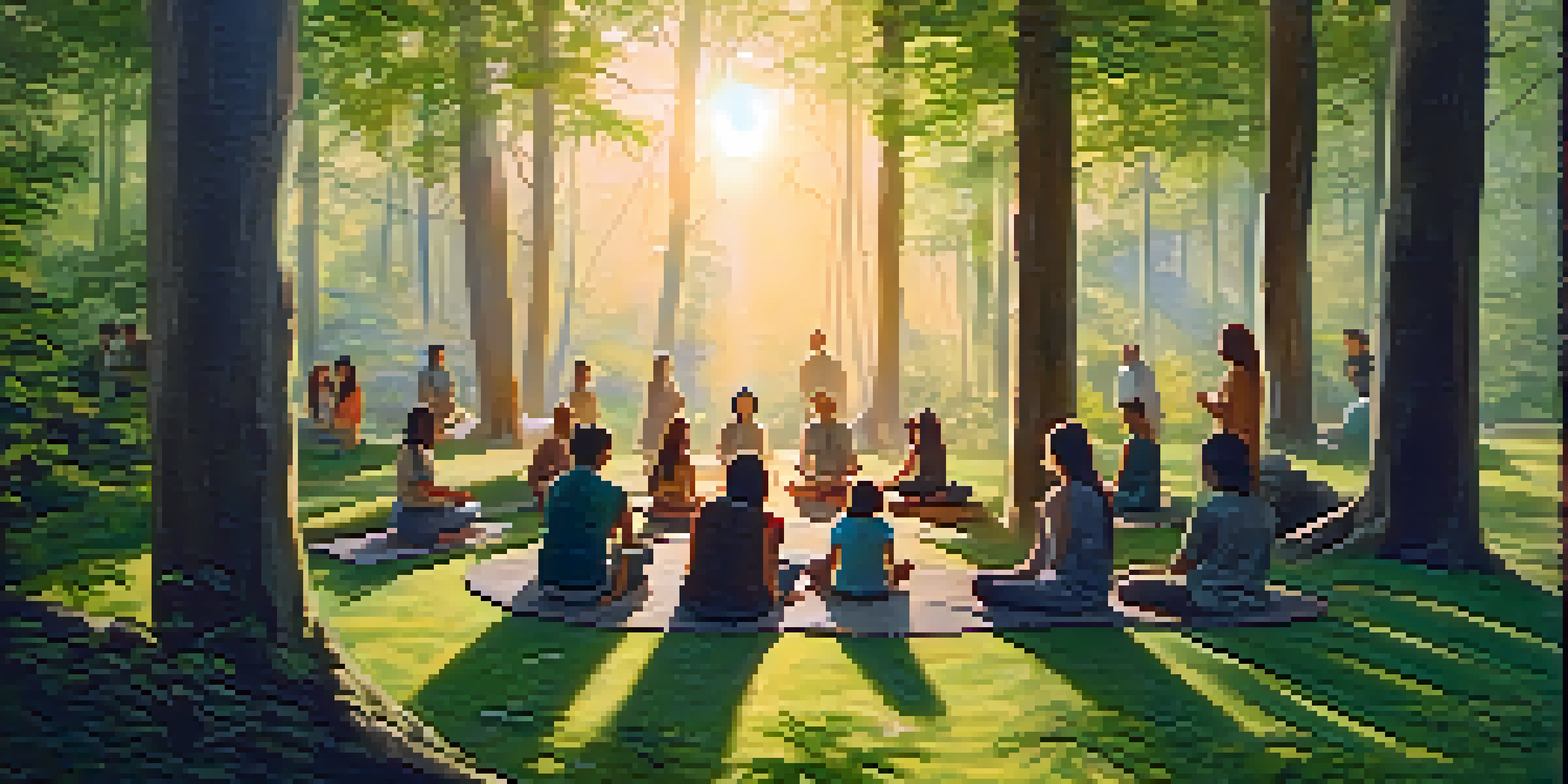 A peaceful forest gathering at sunset with people meditating in a circle.