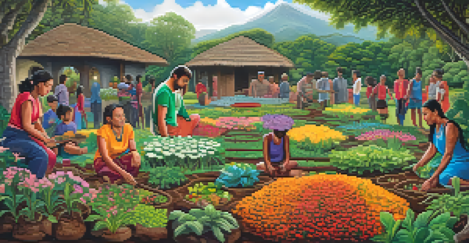 A garden scene with a person planting seeds, surrounded by blooming flowers and community members engaged in conversation.
