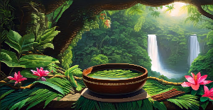 A tranquil scene of an Amazonian rainforest with a river, greenery, and a wooden bowl containing Ayahuasca ingredients, illuminated by soft sunlight.