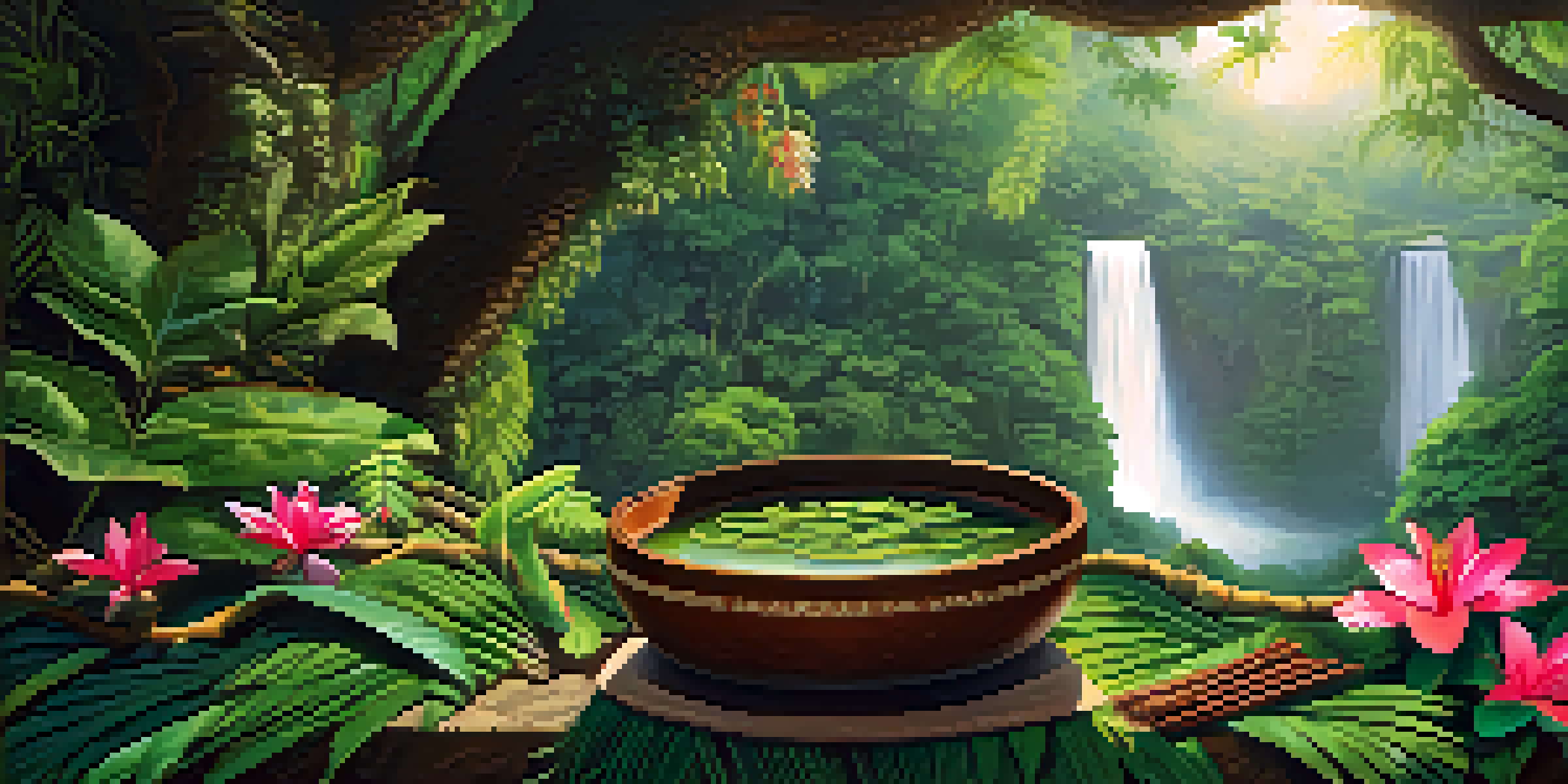 A tranquil scene of an Amazonian rainforest with a river, greenery, and a wooden bowl containing Ayahuasca ingredients, illuminated by soft sunlight.