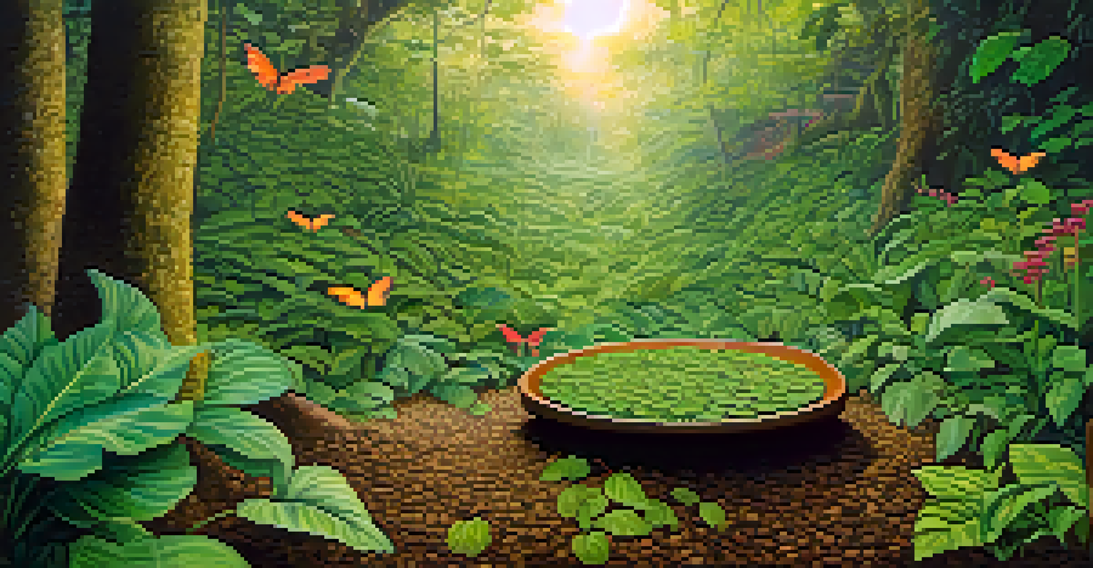 Close-up of healthy ayahuasca plants in rich soil, surrounded by flowering plants attracting butterflies, illuminated by sunlight.