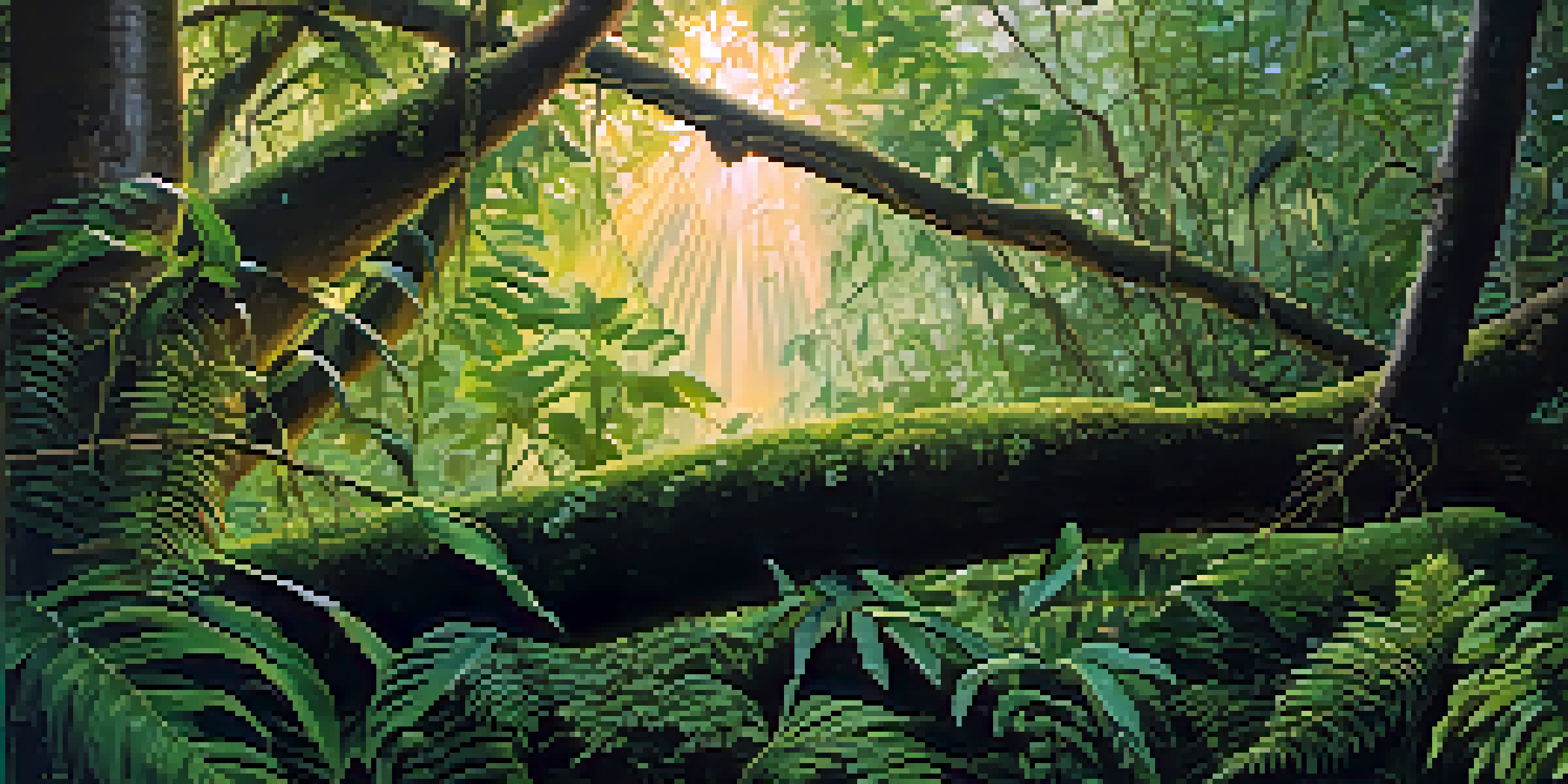 A peaceful view of the Amazon rainforest at dawn, showcasing a vine wrapped around a tree and vibrant leaves, with birds perched in the trees.