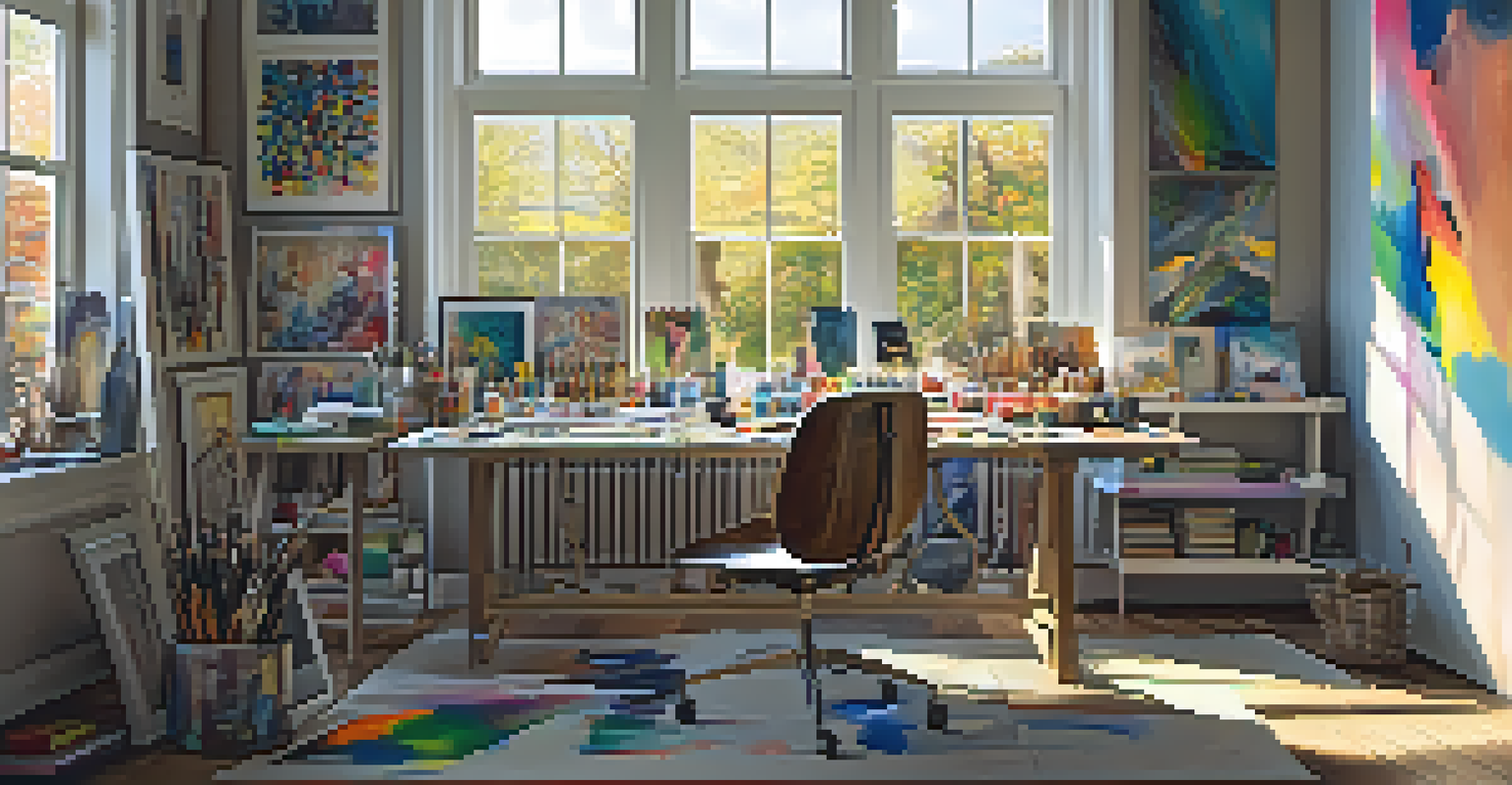 An artist's workspace with colorful paints and canvases, illuminated by natural light from a large window.