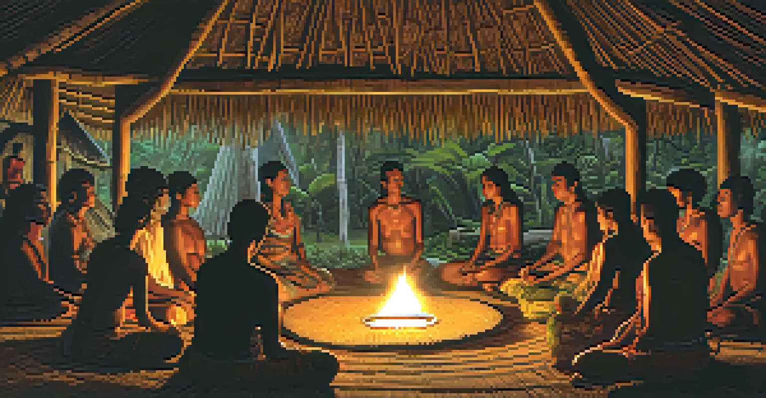 Participants engaged in an ayahuasca ceremony inside a thatched-roof hut, surrounded by indigenous art and natural elements.