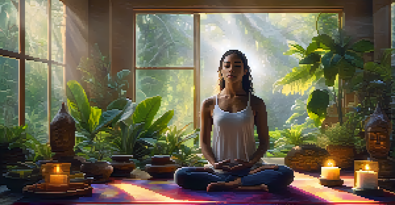 A participant in an Ayahuasca retreat meditating on a yoga mat in a sunlit room filled with plants and candles, creating a tranquil atmosphere.