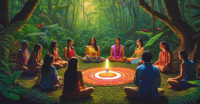 A peaceful Ayahuasca ceremony in a vibrant Amazon rainforest with participants sitting in a circle around a shaman.
