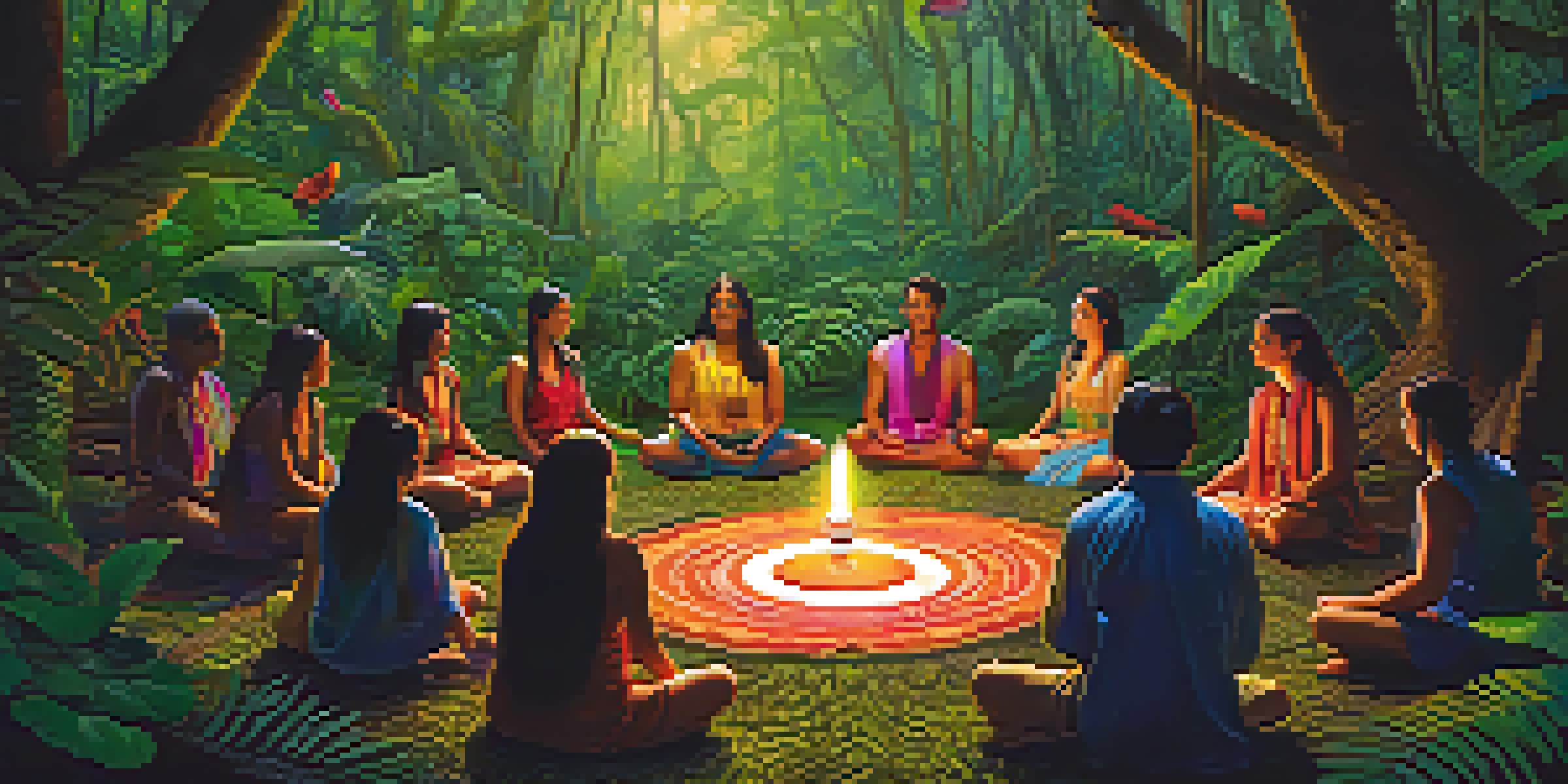 A peaceful Ayahuasca ceremony in a vibrant Amazon rainforest with participants sitting in a circle around a shaman.