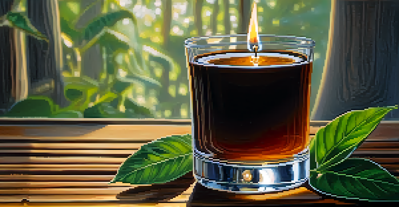 A close-up of a glass of Ayahuasca brew on a wooden table, surrounded by leaves and stones in a natural setting.