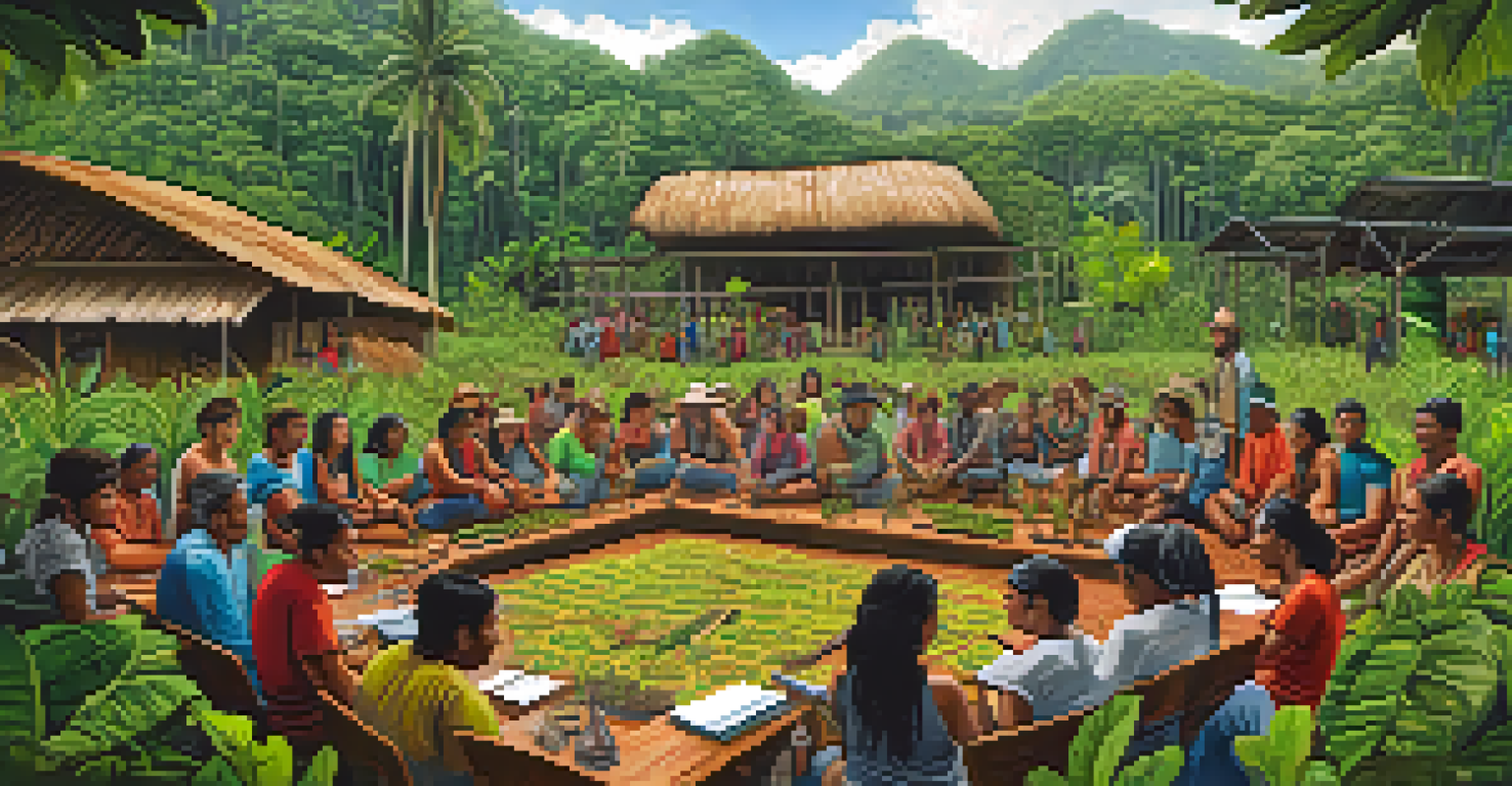 A diverse group of community members participating in a workshop about sustainable ayahuasca farming, surrounded by tools and seedlings in a natural setting.