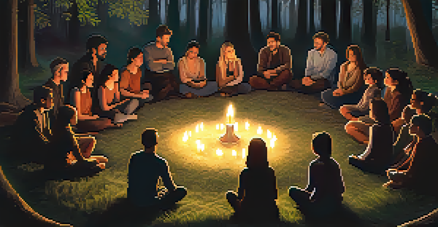 A group of participants in a circle on the forest floor, illuminated by candlelight, reflecting and sharing their experiences.