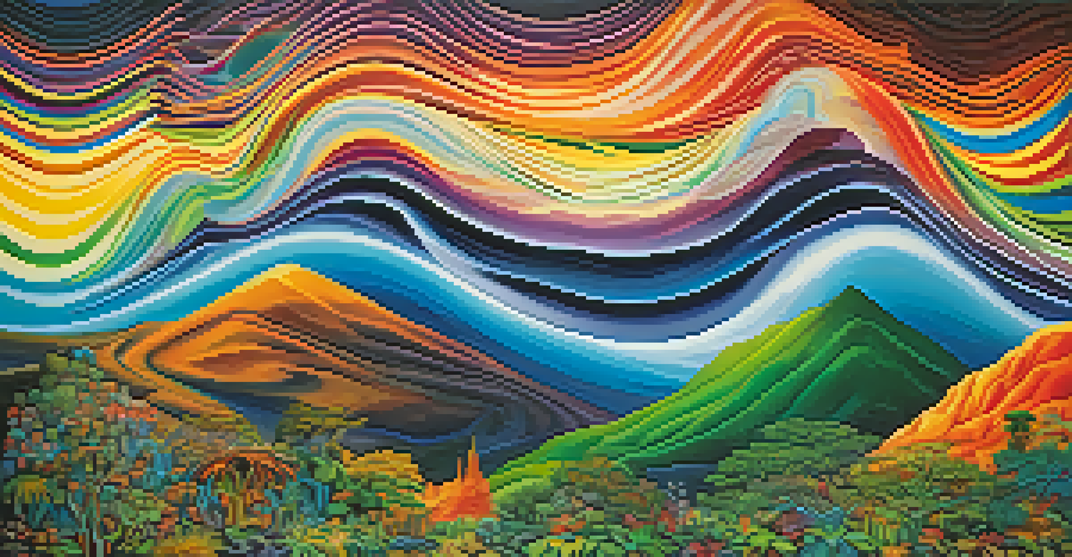 An abstract depiction of colorful sound waves flowing through a natural landscape, representing the power of music in Ayahuasca ceremonies.