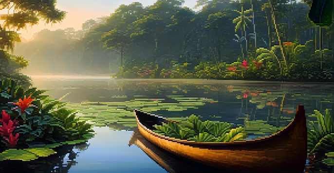 A peaceful scene of the Amazon rainforest at dawn, with a wooden canoe on a calm river and mist rising among the lush greenery.