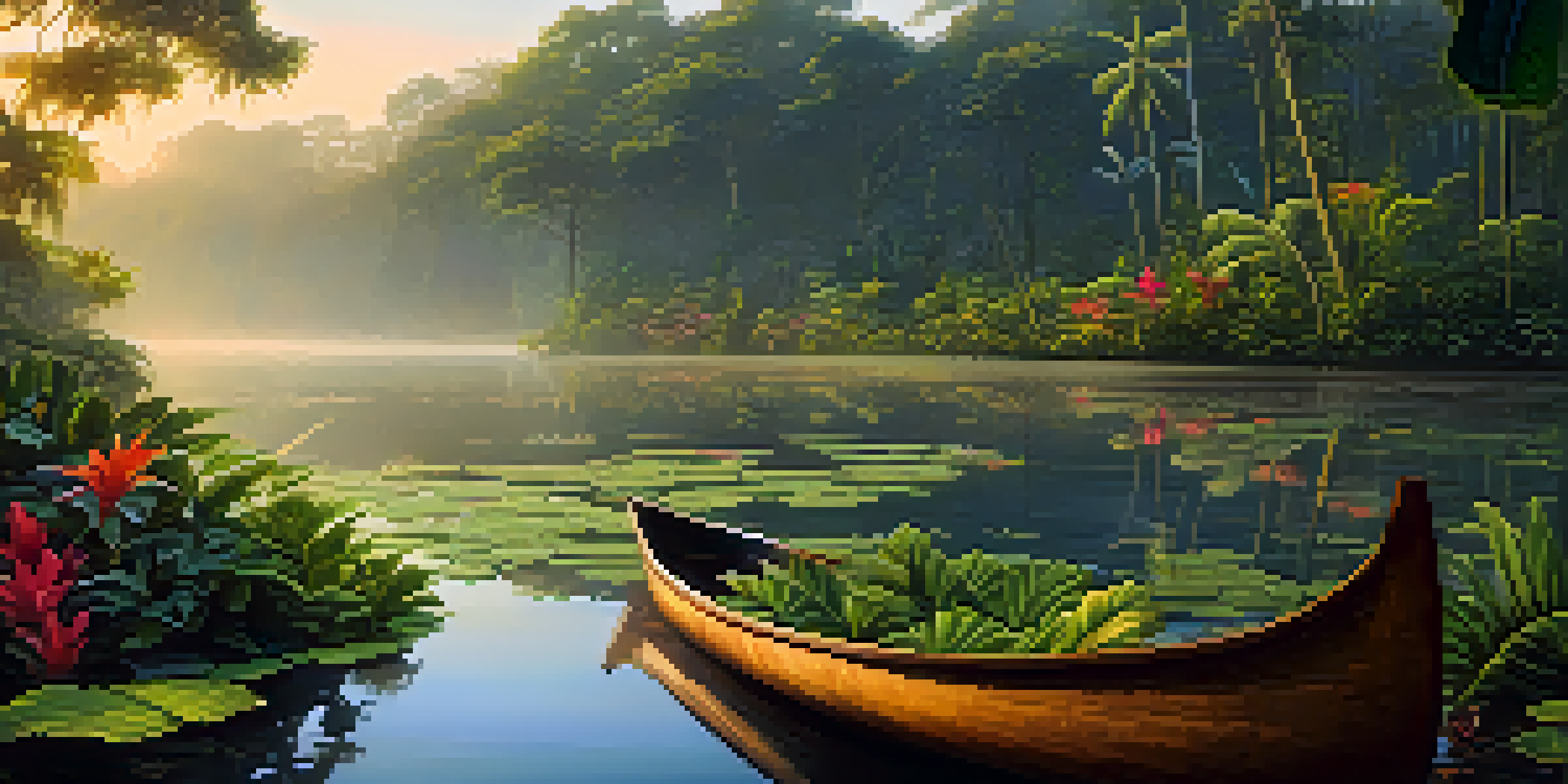 A peaceful scene of the Amazon rainforest at dawn, with a wooden canoe on a calm river and mist rising among the lush greenery.