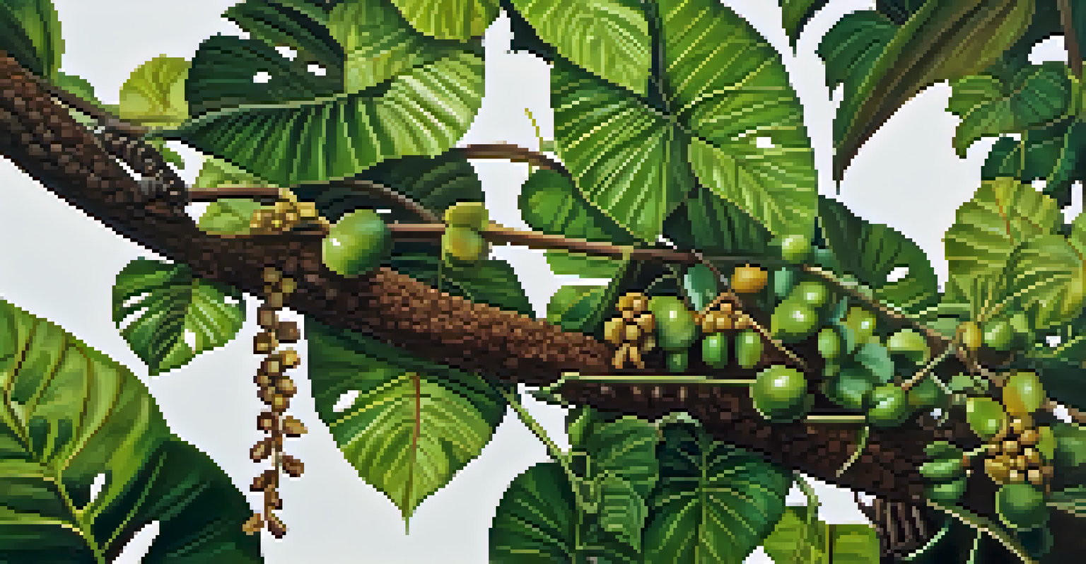 A close-up of the Banisteriopsis caapi vine with intricate textures, surrounded by tropical plants in the Amazon rainforest.