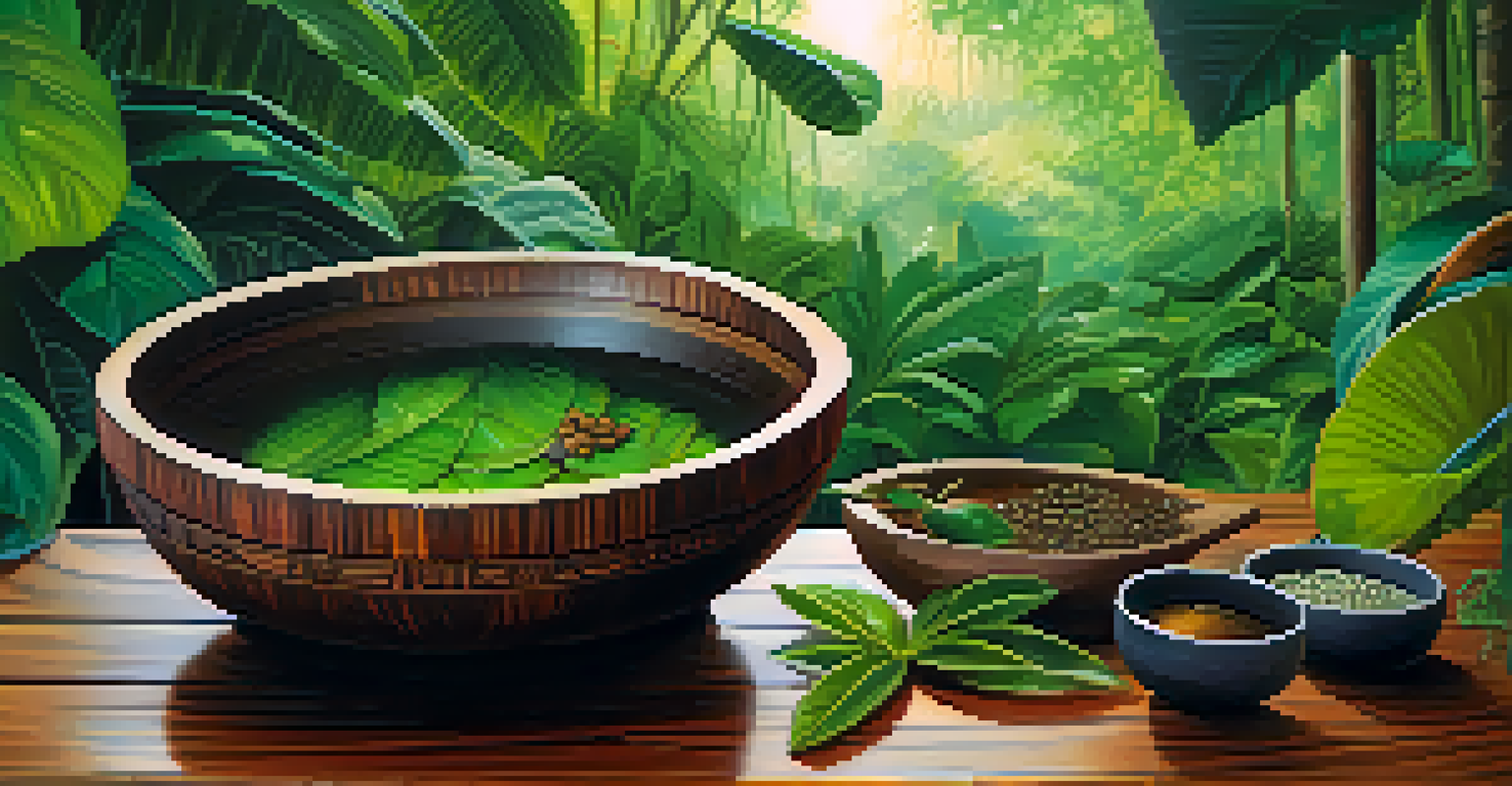 A close-up of a traditional wooden bowl containing Ayahuasca brew, surrounded by sacred plants and herbs with warm lighting.