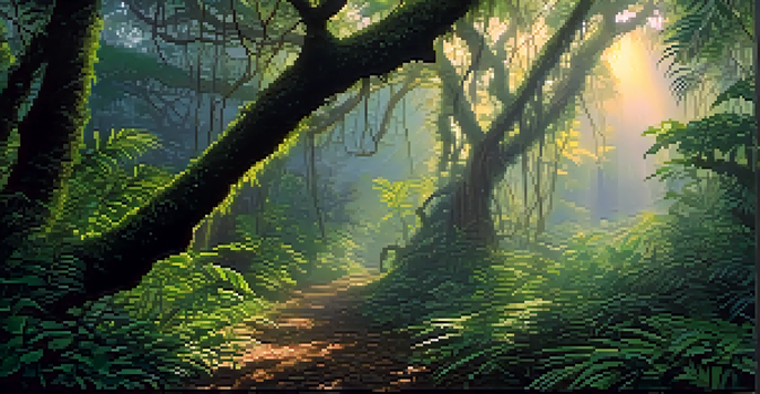 A tranquil view of the Amazon rainforest at dawn, with vibrant green vines and leaves illuminated by soft morning light.