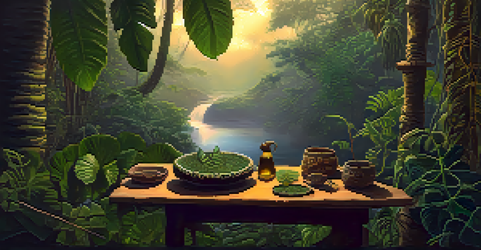 A peaceful Amazon rainforest at twilight with lush greenery, featuring the Banisteriopsis caapi vine and a wooden table with shamanic tools.