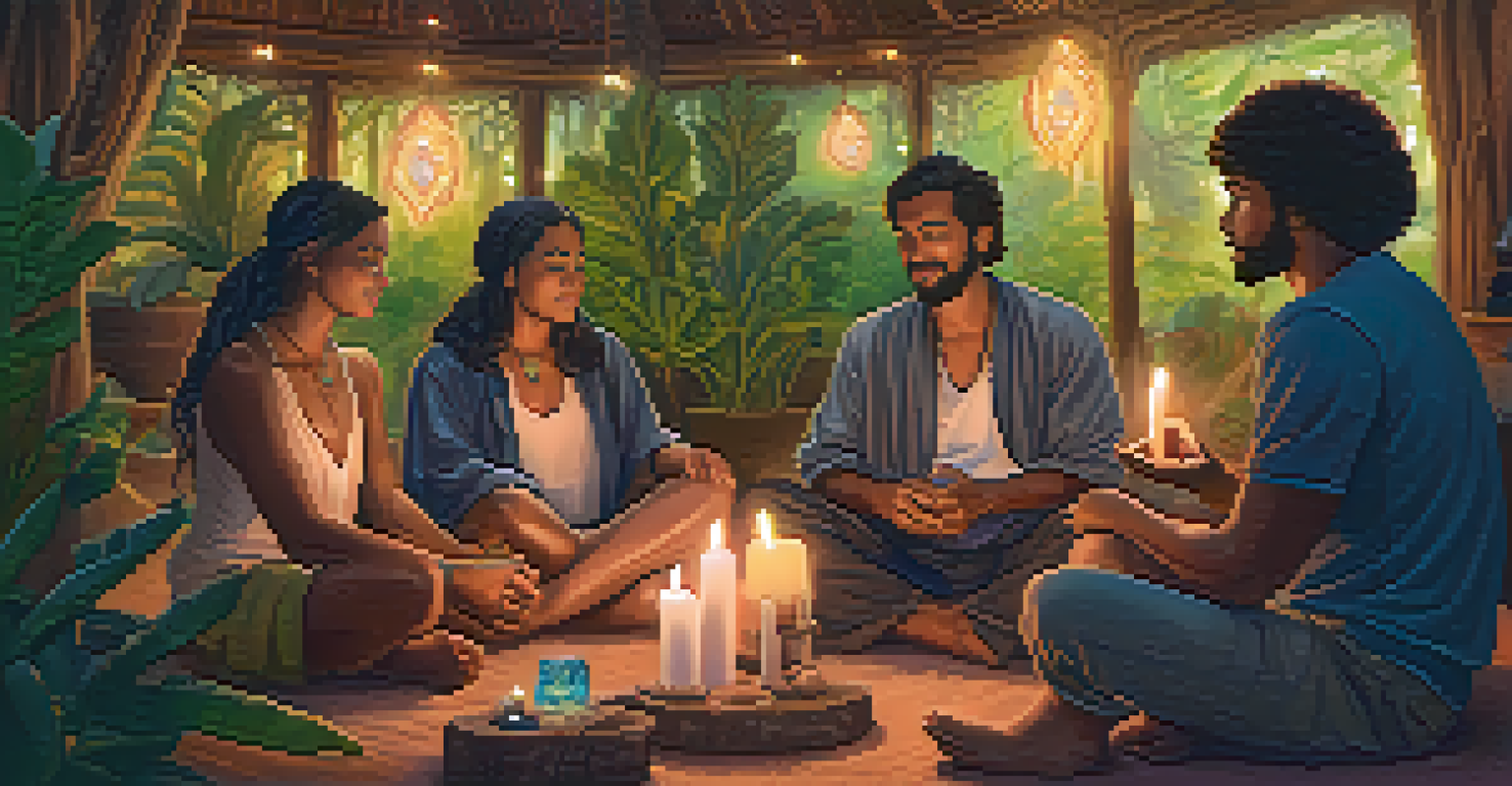 A cozy indoor setting where a diverse group of individuals share their experiences after an Ayahuasca ceremony, with warm lighting and plants around.