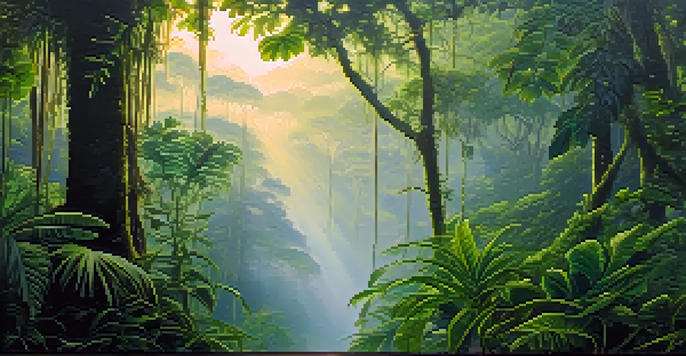 A peaceful view of the Amazon rainforest at dawn, featuring the Banisteriopsis caapi vine and Psychotria viridis plant, with soft golden light filtering through the mist.