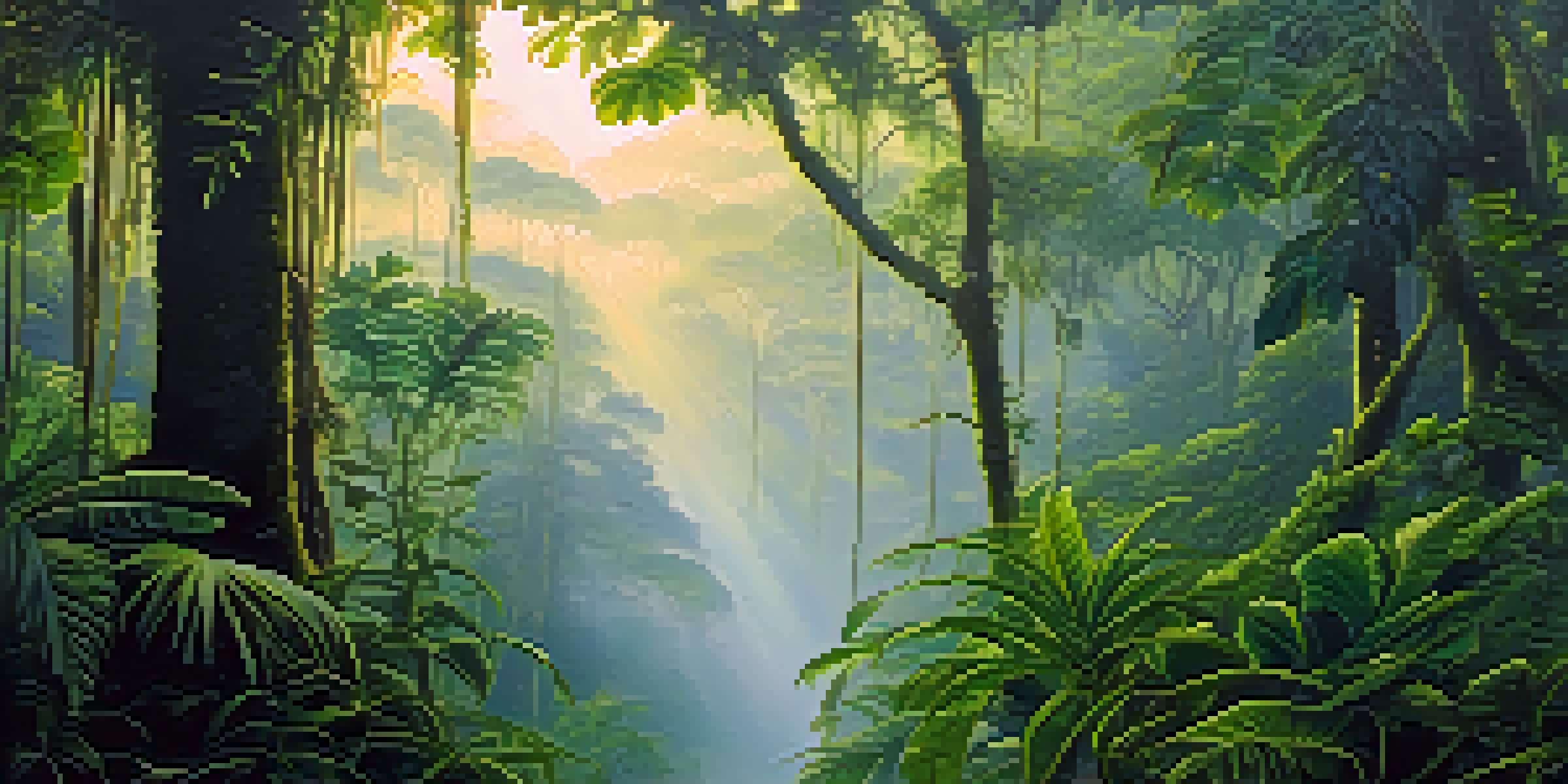 A peaceful view of the Amazon rainforest at dawn, featuring the Banisteriopsis caapi vine and Psychotria viridis plant, with soft golden light filtering through the mist.