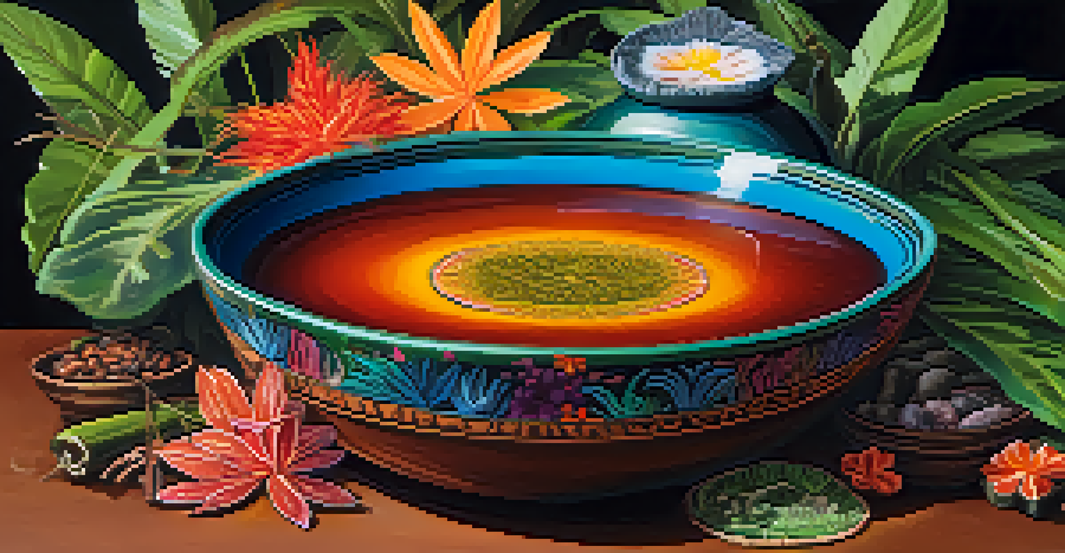 A close-up of Ayahuasca brew in a bowl surrounded by leaves and flowers, showcasing rich earthy tones in soft lighting.