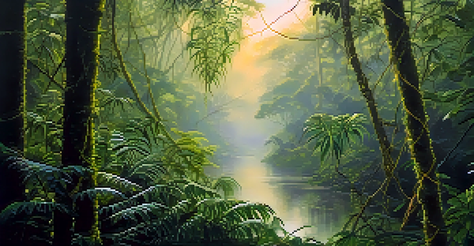 A peaceful Amazon rainforest at dawn with the Banisteriopsis caapi vine and soft golden light filtering through lush green leaves.