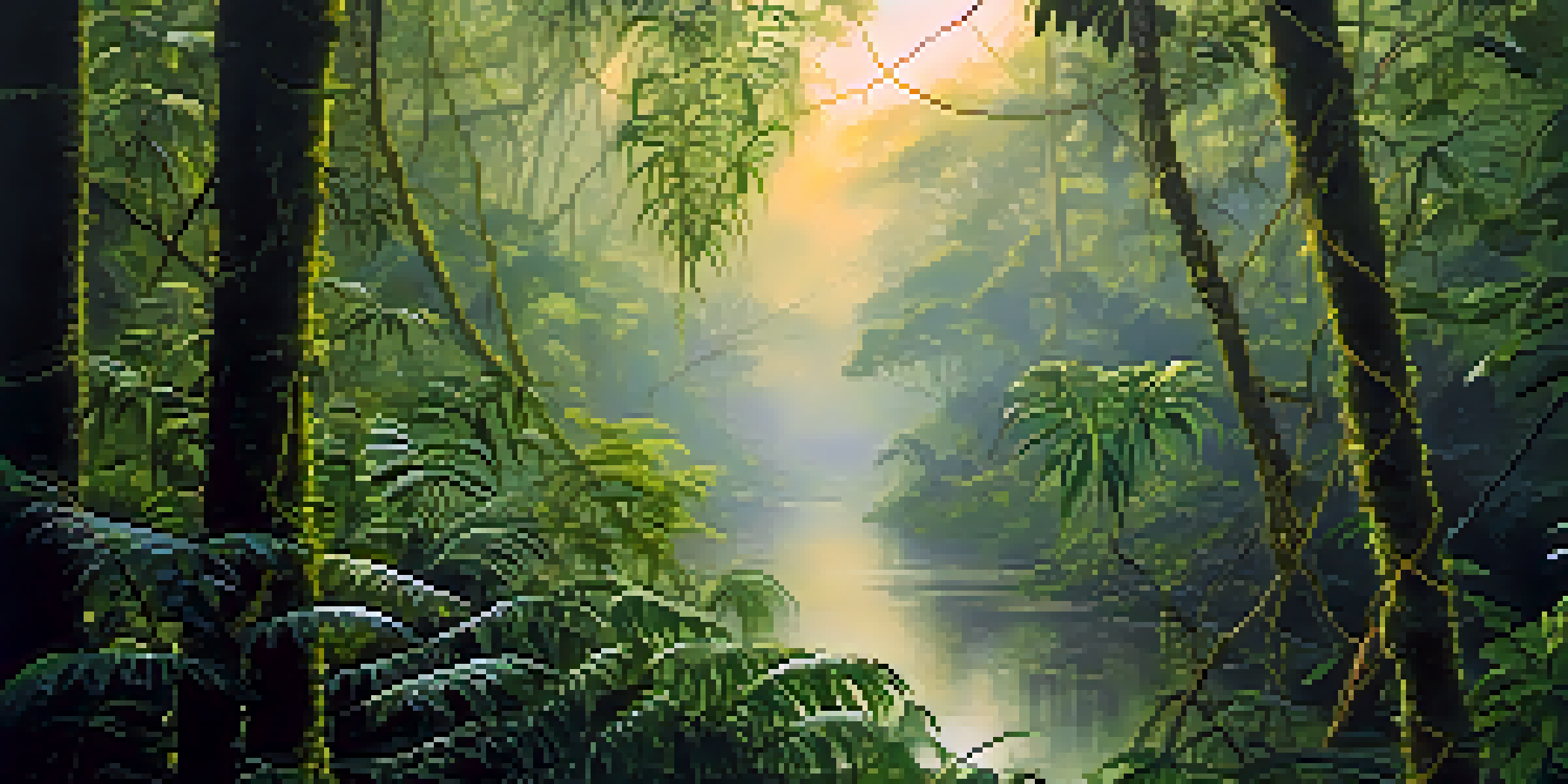 A peaceful Amazon rainforest at dawn with the Banisteriopsis caapi vine and soft golden light filtering through lush green leaves.