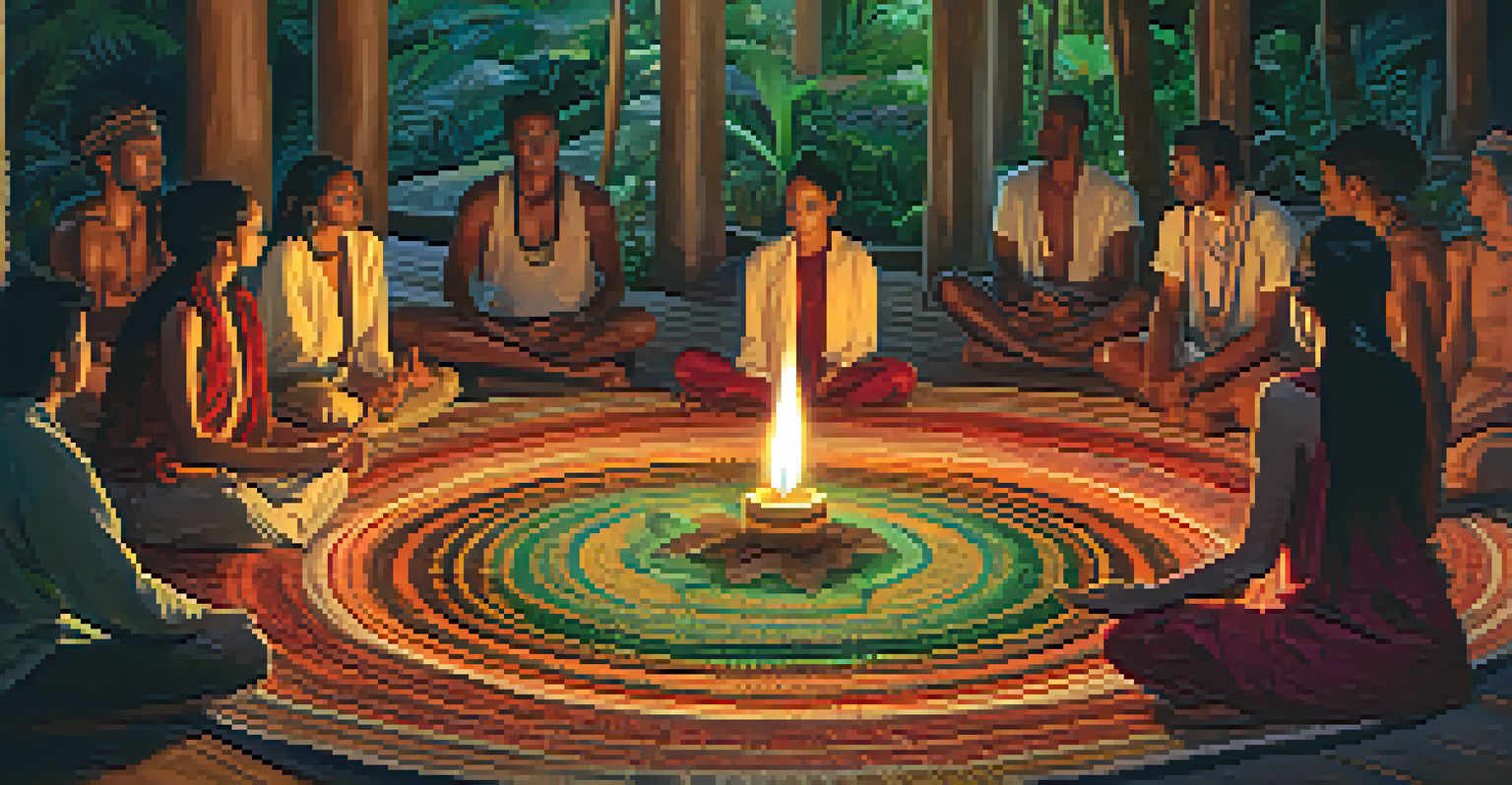 A diverse group participating in an Ayahuasca ceremony, sitting in a circle in a warmly lit space.