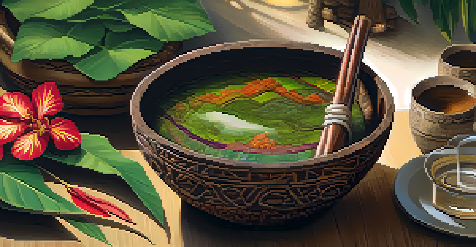 An up-close view of Ayahuasca brew in a wooden bowl, surrounded by leaves and flowers, with warm lighting enhancing the earthy tones.