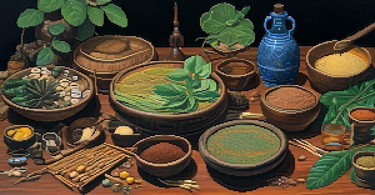 A colorful arrangement of Ayahuasca brew ingredients on a wooden table with soft lighting and traditional artifacts.