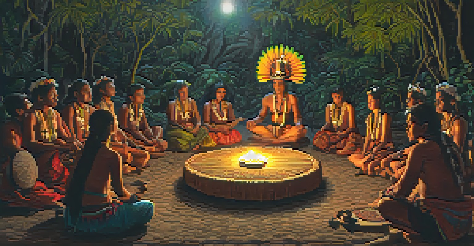 An indigenous shaman leading an Ayahuasca ceremony, with participants sitting in a circle, illuminated by candlelight in a ceremonial space.