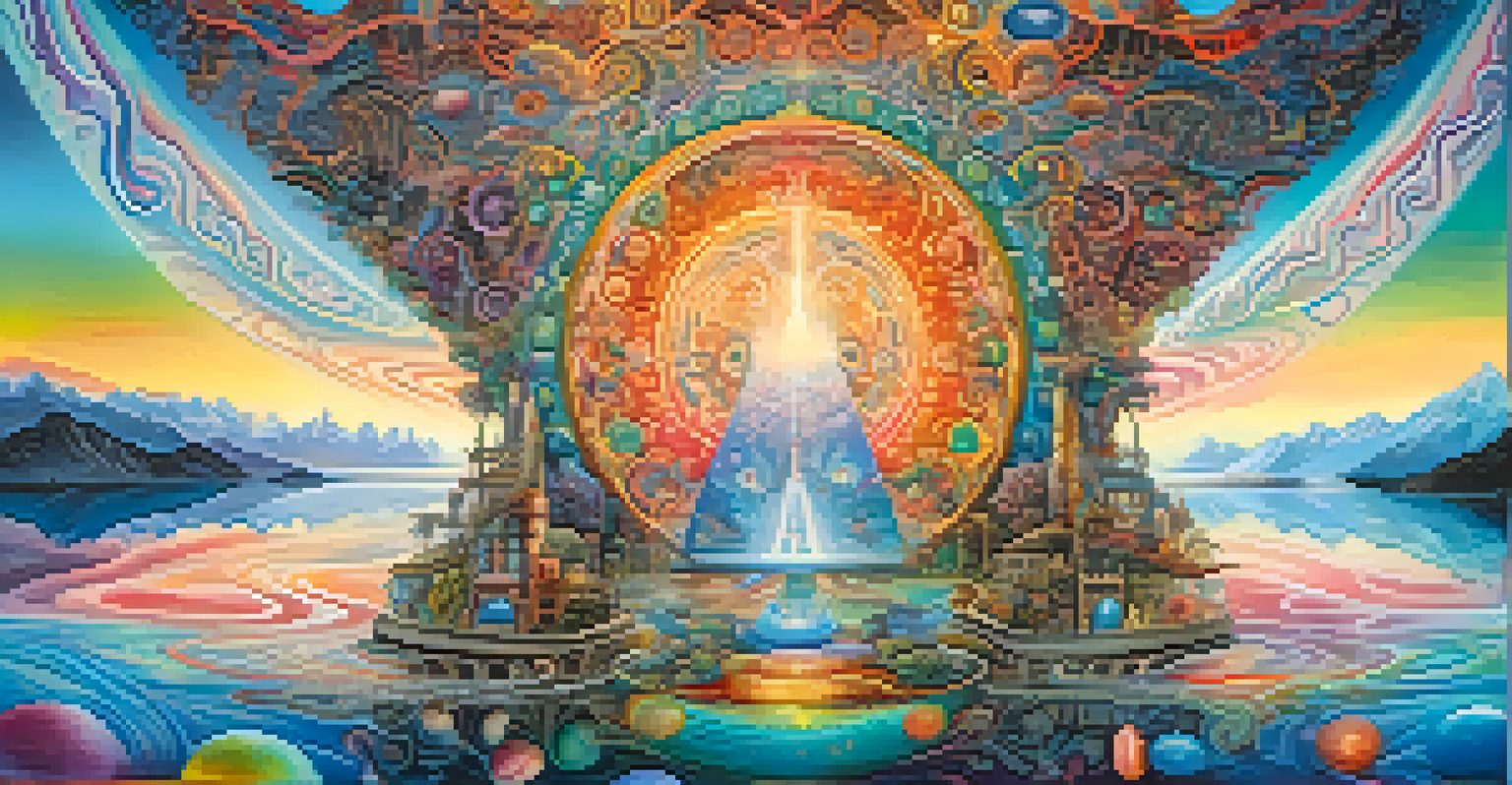 A colorful and surreal vision with swirling patterns and symbolic imagery, representing a spiritual journey.