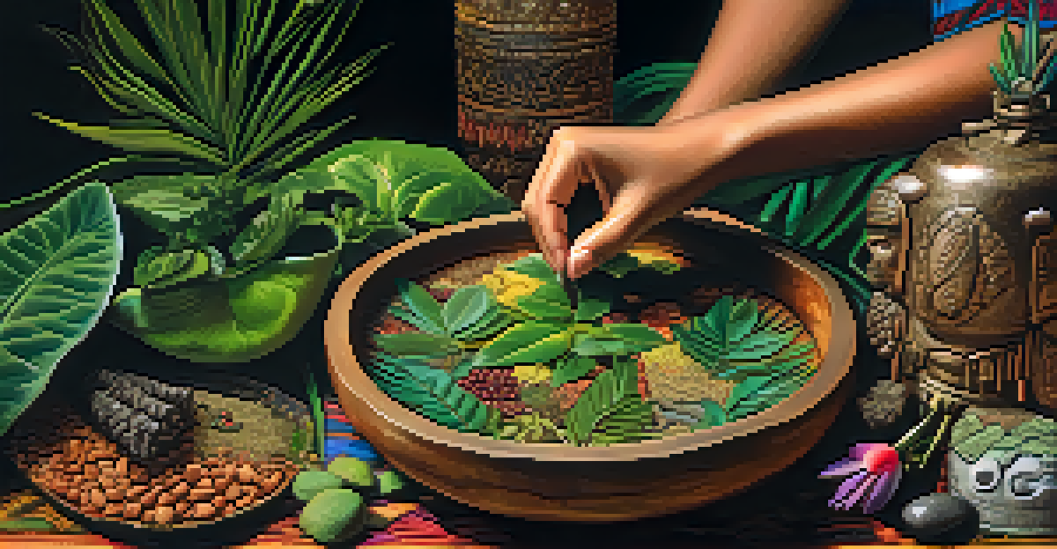 A close-up of a female shaman preparing ayahuasca with natural ingredients in a ceremonial bowl, highlighting the textures and colors of the plants with warm, soft lighting.