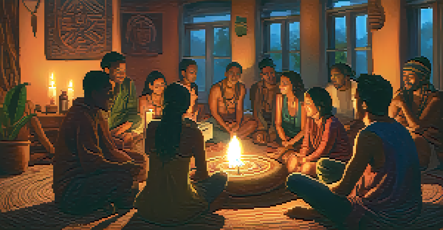Participants sharing experiences in a cozy room after an Ayahuasca ceremony, surrounded by warm candlelight and cultural artifacts.