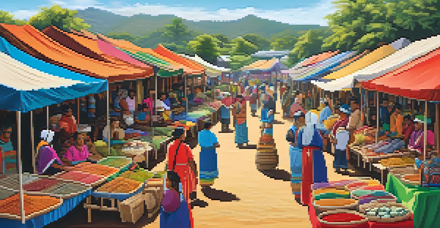 A lively marketplace in an indigenous community with artisans selling colorful handmade crafts and local foods, reflecting cultural heritage.