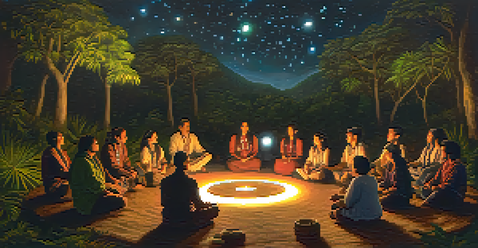 Participants in an Ayahuasca ceremony sit in a circle under a starry sky, illuminated by lantern light, with a shaman leading the ceremony.
