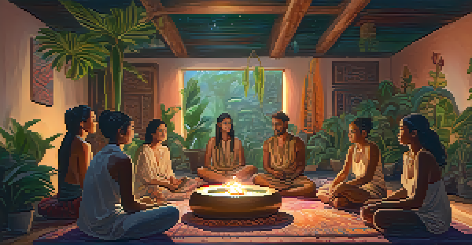 An indoor integration circle after an ayahuasca ceremony, featuring participants sharing experiences in a cozy, warmly lit space filled with plants.