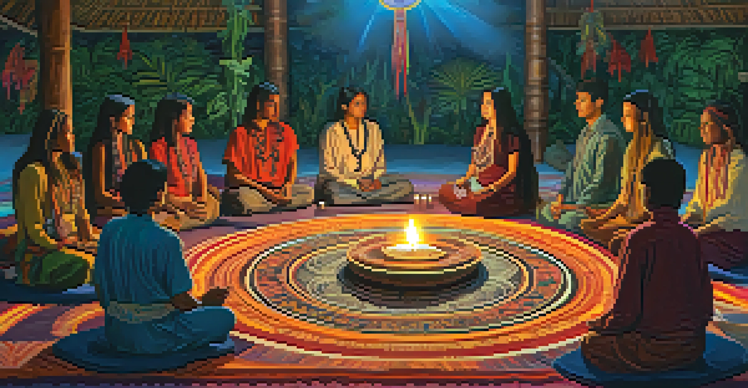A group of people participating in an Ayahuasca ceremony with candles and colorful decorations.