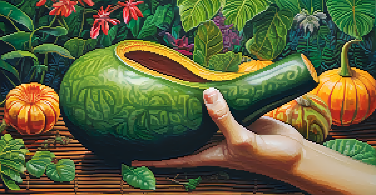 A close-up of a hand holding a gourd of Ayahuasca brew surrounded by vibrant Amazonian plants, emphasizing the connection to nature.