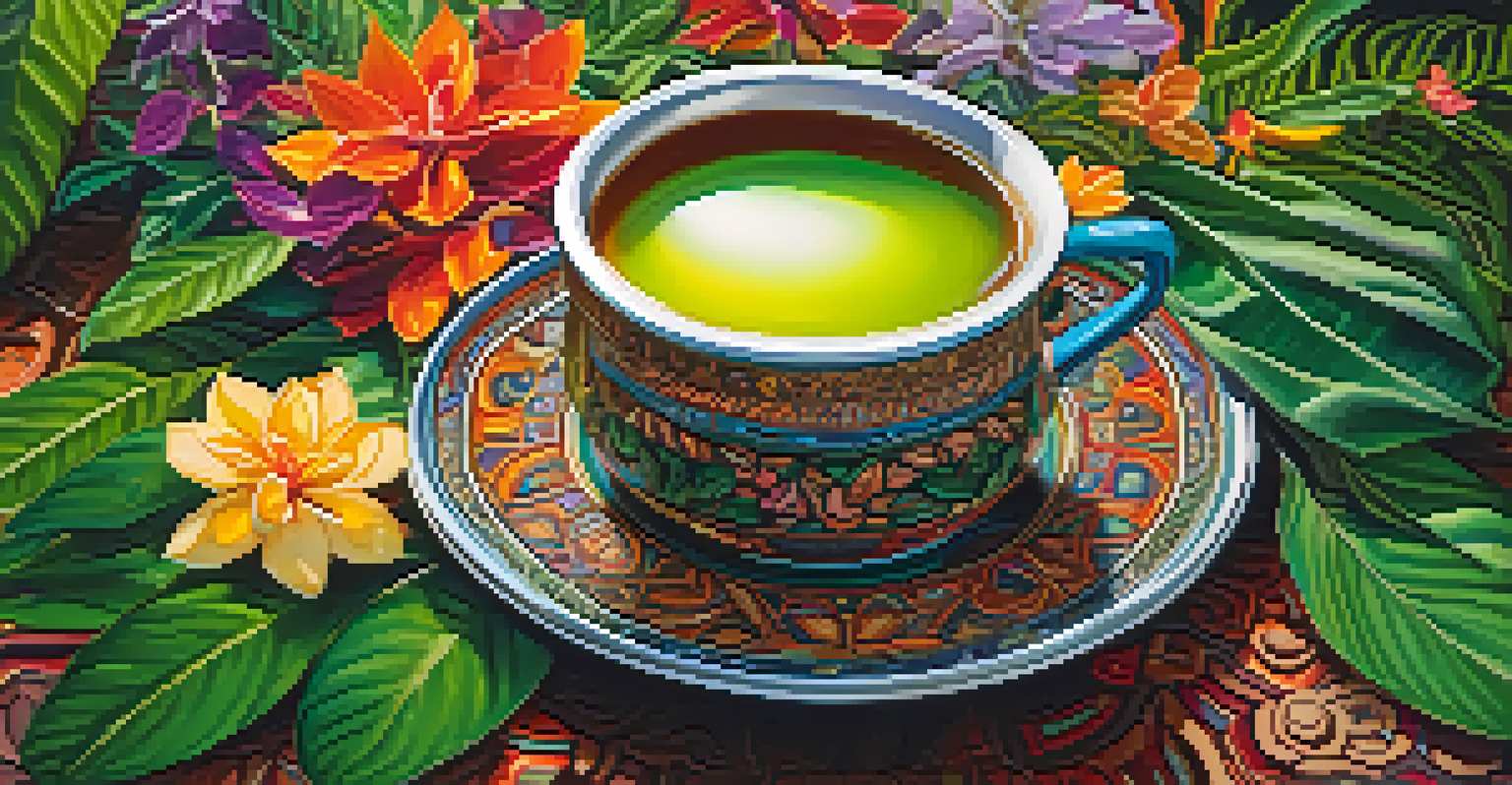 A close-up of an Ayahuasca brew cup surrounded by green leaves and colorful flowers.