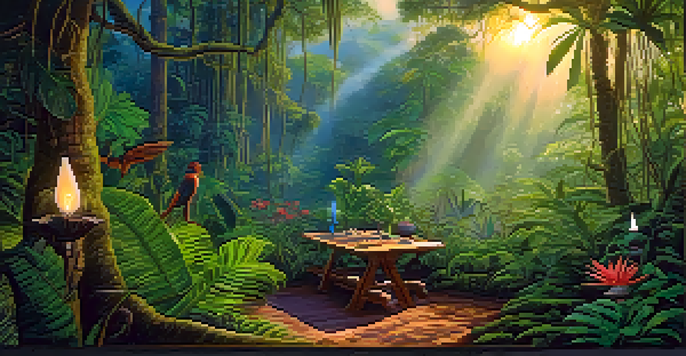 A peaceful Amazon rainforest at dawn, featuring an indigenous ayahuasca ceremony with plants and candles, surrounded by lush greenery and mist.