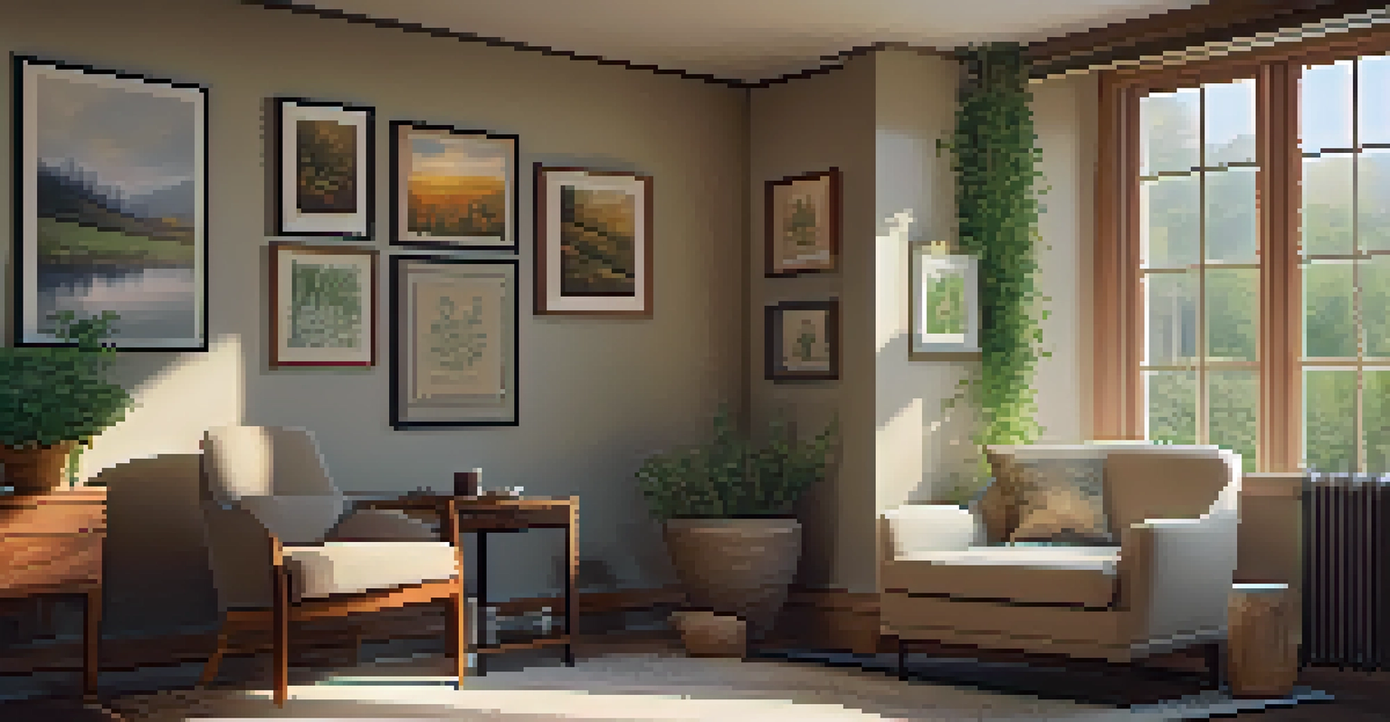 A cozy therapy room with soft lighting, an armchair, a notebook, and herbal tea, decorated with calming artwork and a view of nature.