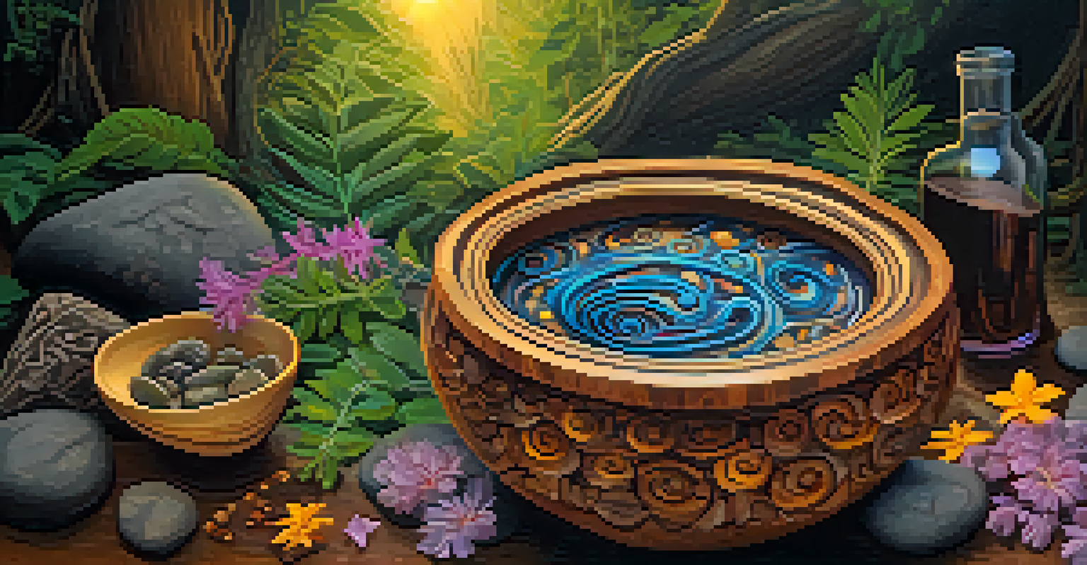 A close-up of a colorful ayahuasca brew in a rustic bowl surrounded by natural elements and warm light.
