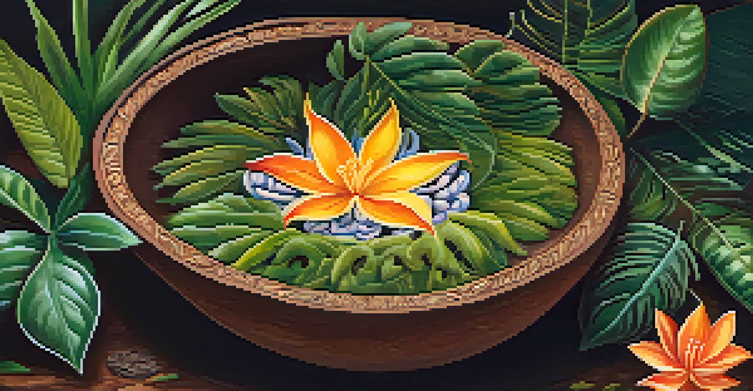 A close-up view of Ayahuasca brew in a clay bowl, surrounded by leaves and flowers, with warm lighting.