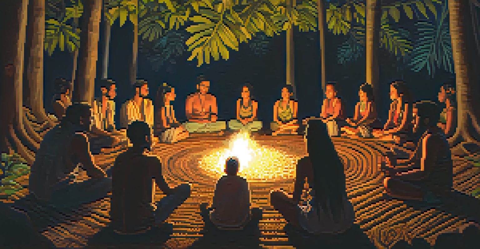 Participants in a communal Ayahuasca ceremony sitting in a circle around a glowing fire at night, surrounded by candlelight and natural elements.