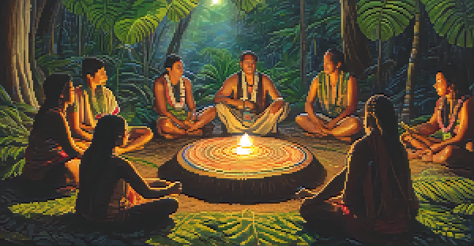 A peaceful ayahuasca ceremony in the Amazon rainforest with participants sitting in a circle and a shaman playing a flute.