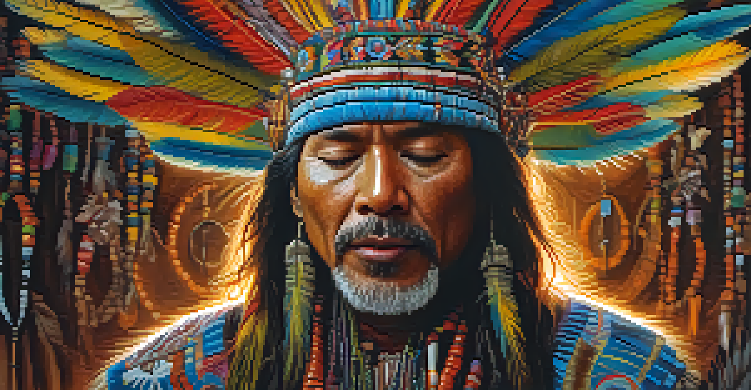 A close-up of a shaman singing Icaros with closed eyes, dressed in traditional attire, illuminated by warm lighting.