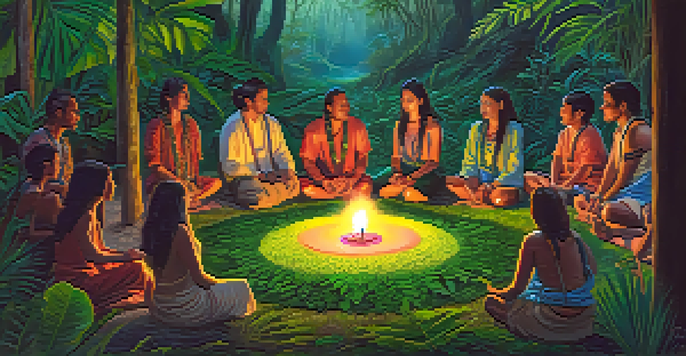 A tranquil ayahuasca ceremony in the Amazon rainforest with participants sitting in a circle and a shaman playing an instrument.