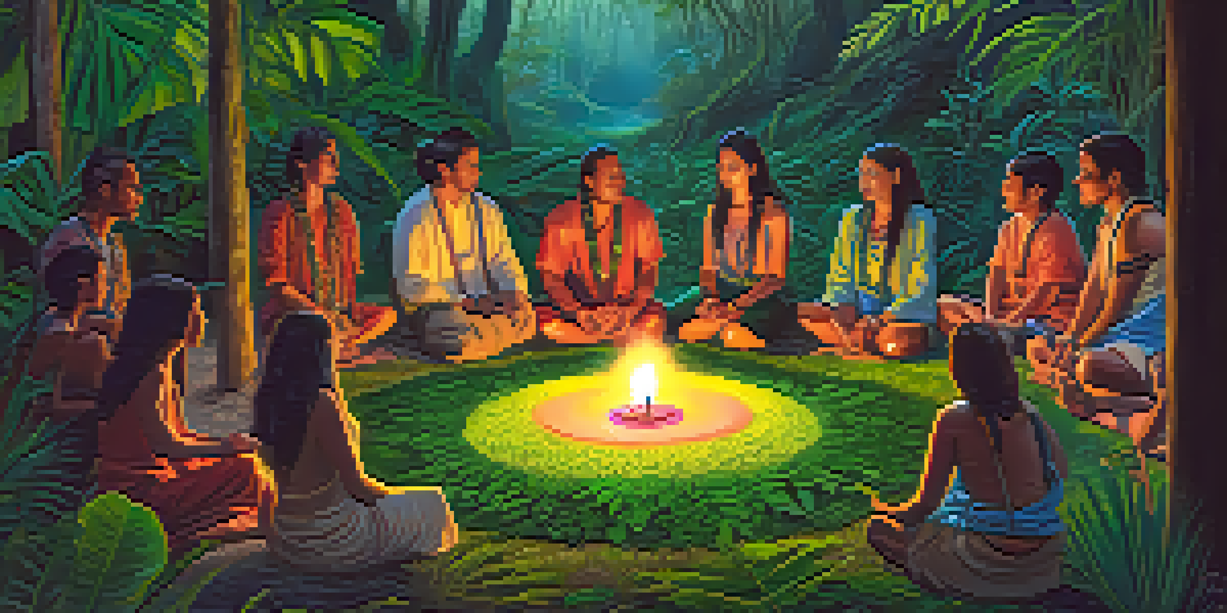A tranquil ayahuasca ceremony in the Amazon rainforest with participants sitting in a circle and a shaman playing an instrument.